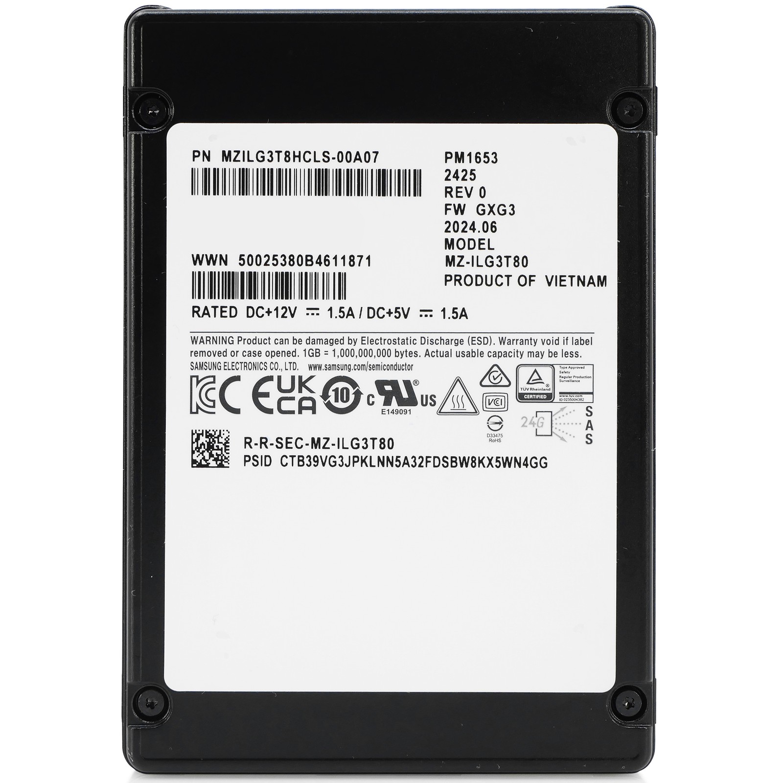 Samsung PM1653 3.84TB MZILG3T8HCLS SAS-4 24Gb/s 3D TLC 1 DWPD 2.5″ SSD