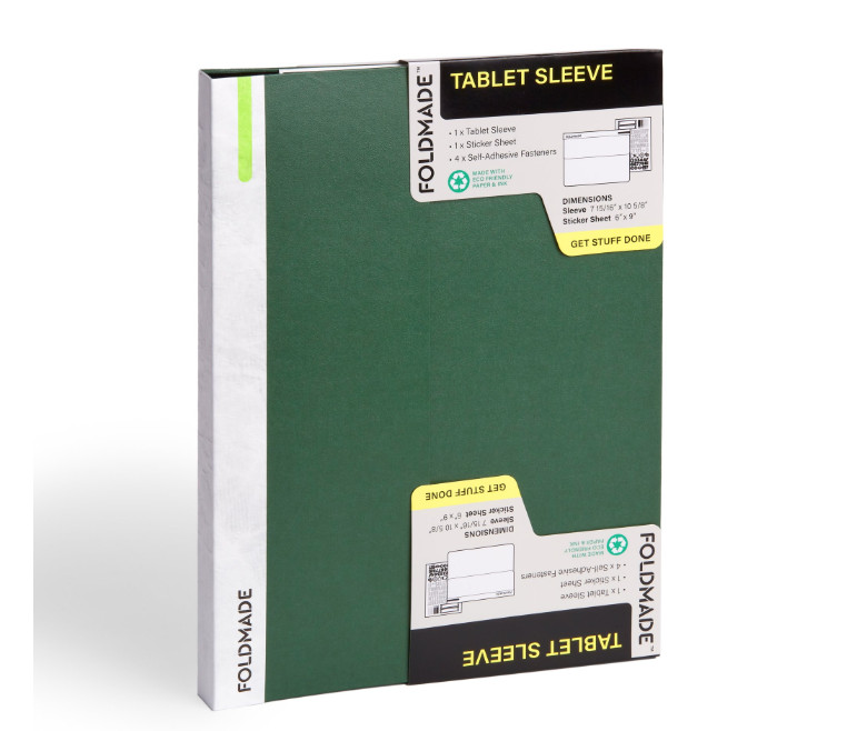 Foldmade Paperboard Tablet Sleeve, Magnetic Closure, Water Resistant, Stickers