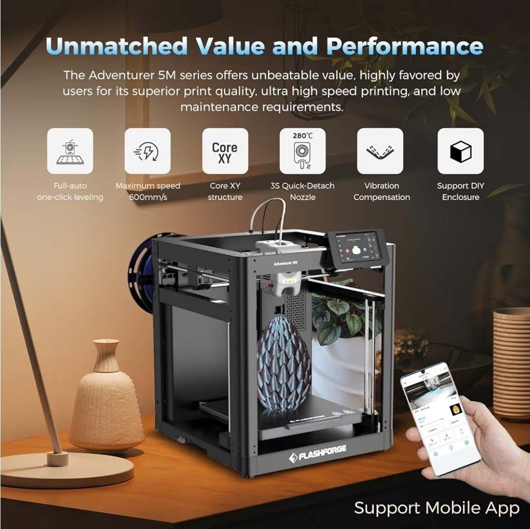 Flashforge Adventurer 5M 3D Printer – CoreXY – Auto Leveling – High Speed