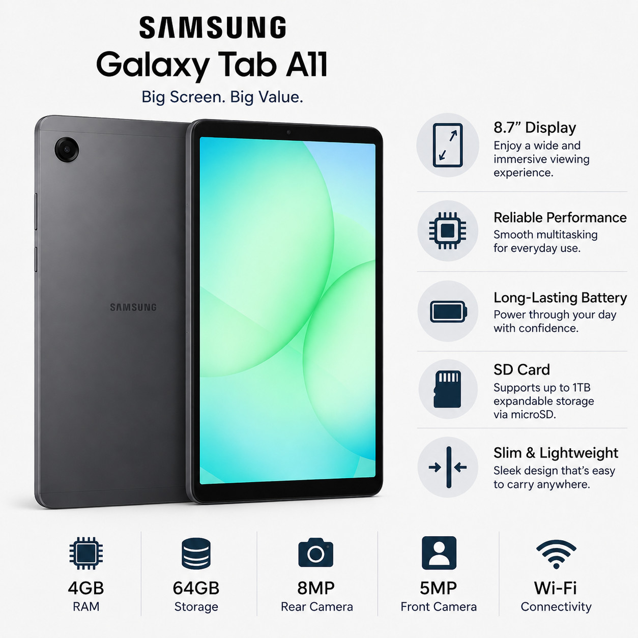 Samsung Galaxy Tab A11 SM-X133 64GB 4GB RAM Wi-Fi 8.7″ Gray (New in Box)