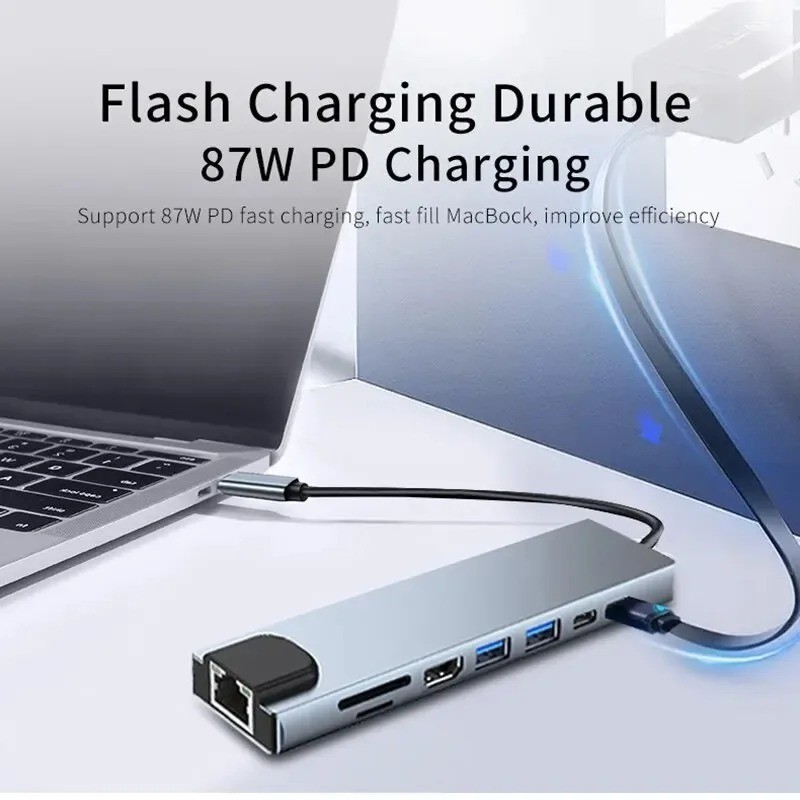 8 in 1 USB-C Hub Type C To USB 3.0 4K HDMI PD Adapter For iPhone Macbook Pro