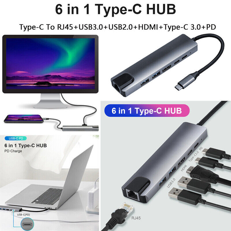 6 in 1 USB C HUB Type-C Multi USB Port 4K HDMI Adapter Dock RJ45 Ethernet USB-C