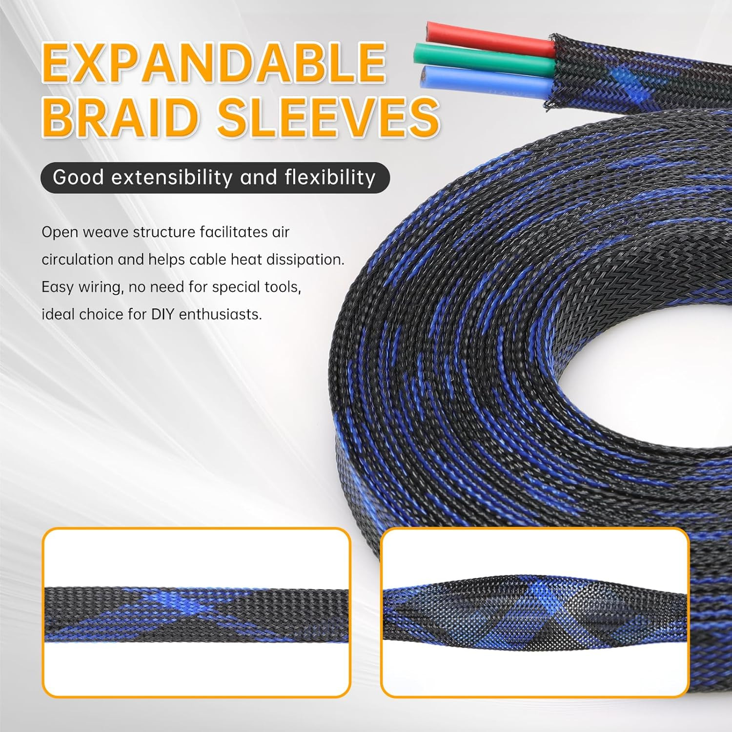 Braided Cable Sleeve, 33Ft Expandable Wire Loom for Automotive Wiring Harness &