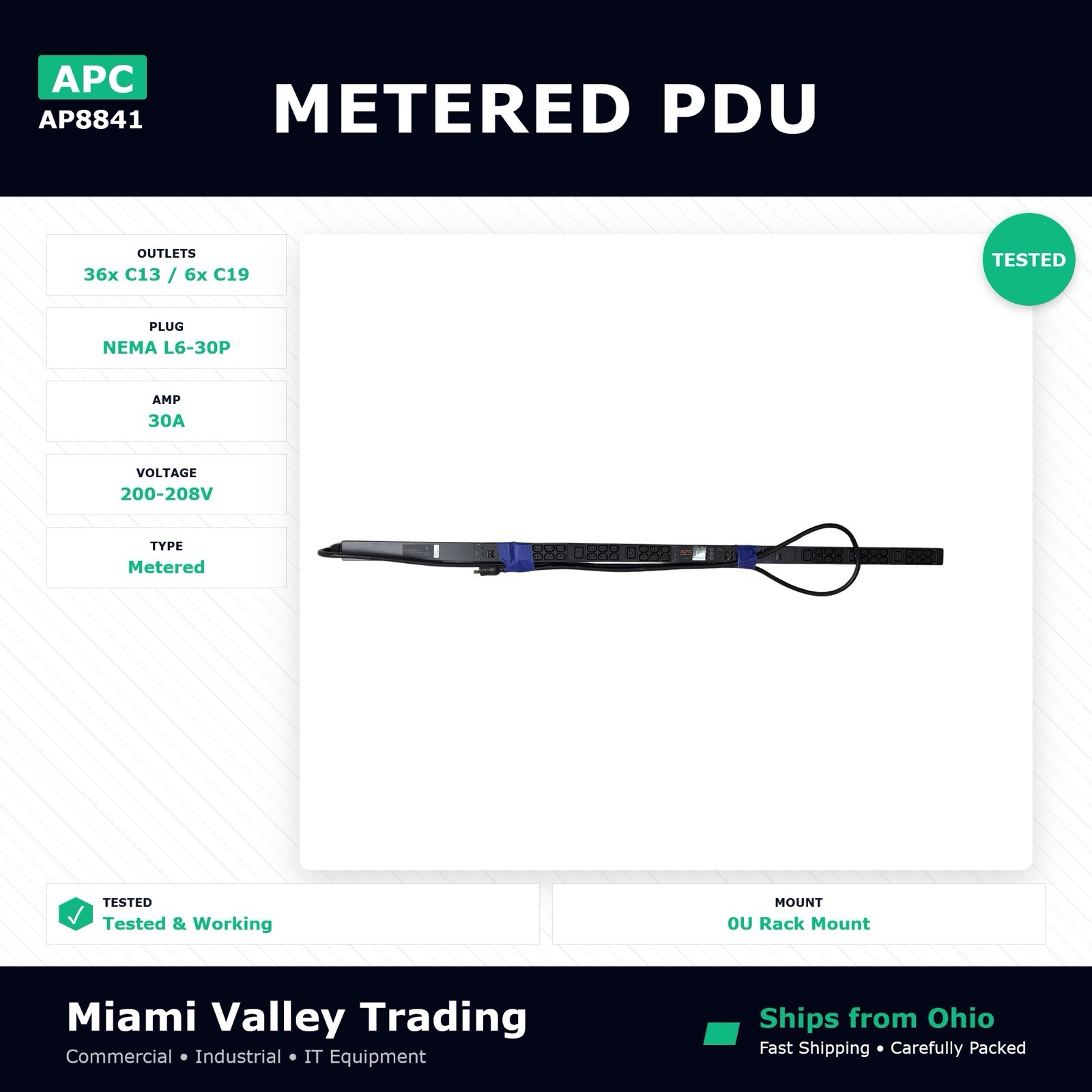 APC AP8841 200/208V 30A Metered Rack PDU 42 Outlets 36x C13 6xC19 Tested