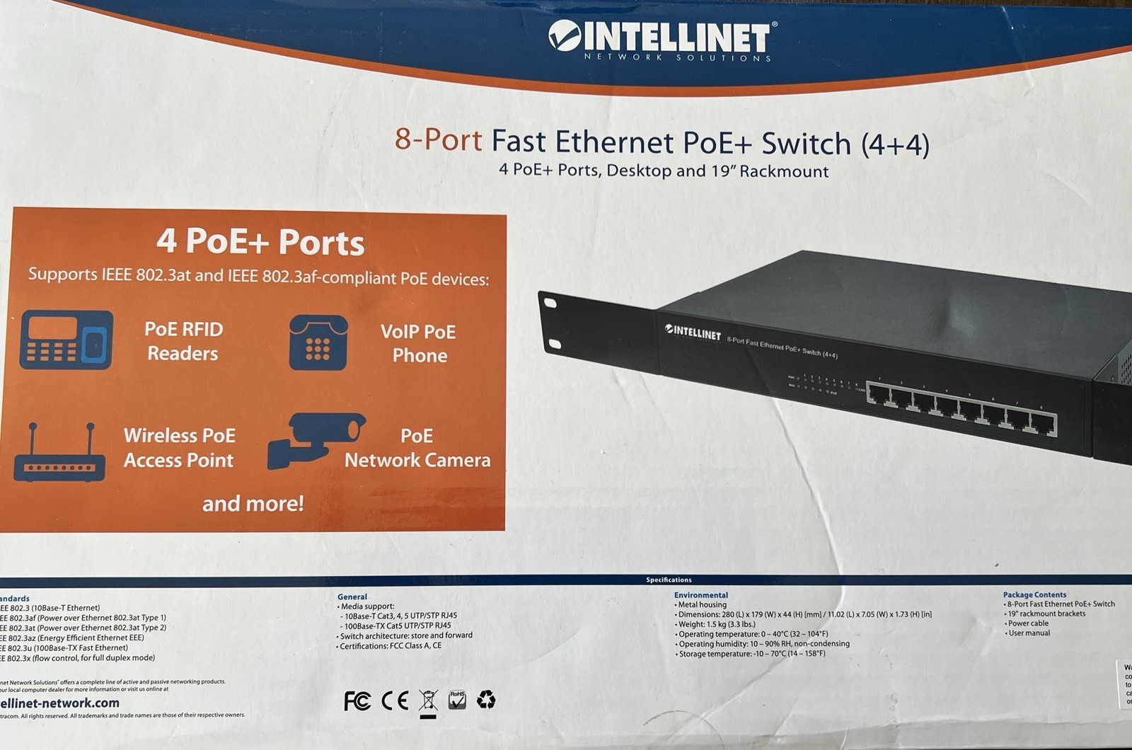 Intellinet 8-Port PoE+ Switch 561075 Fast Ethernet 4+4 New Open Box Complete