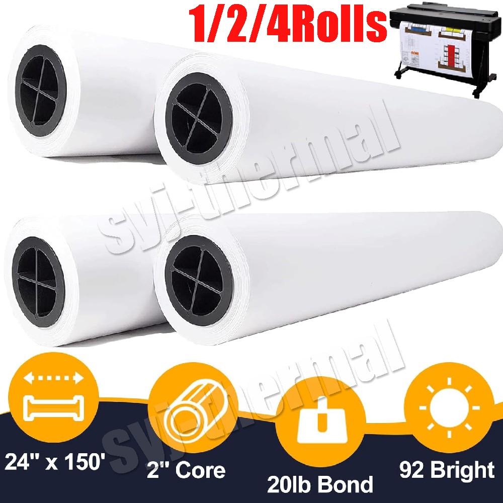 1/2/4 rolls 24″ x 150′ 20lb Bond Plotter Paper for Wide Format Inkjet Printers