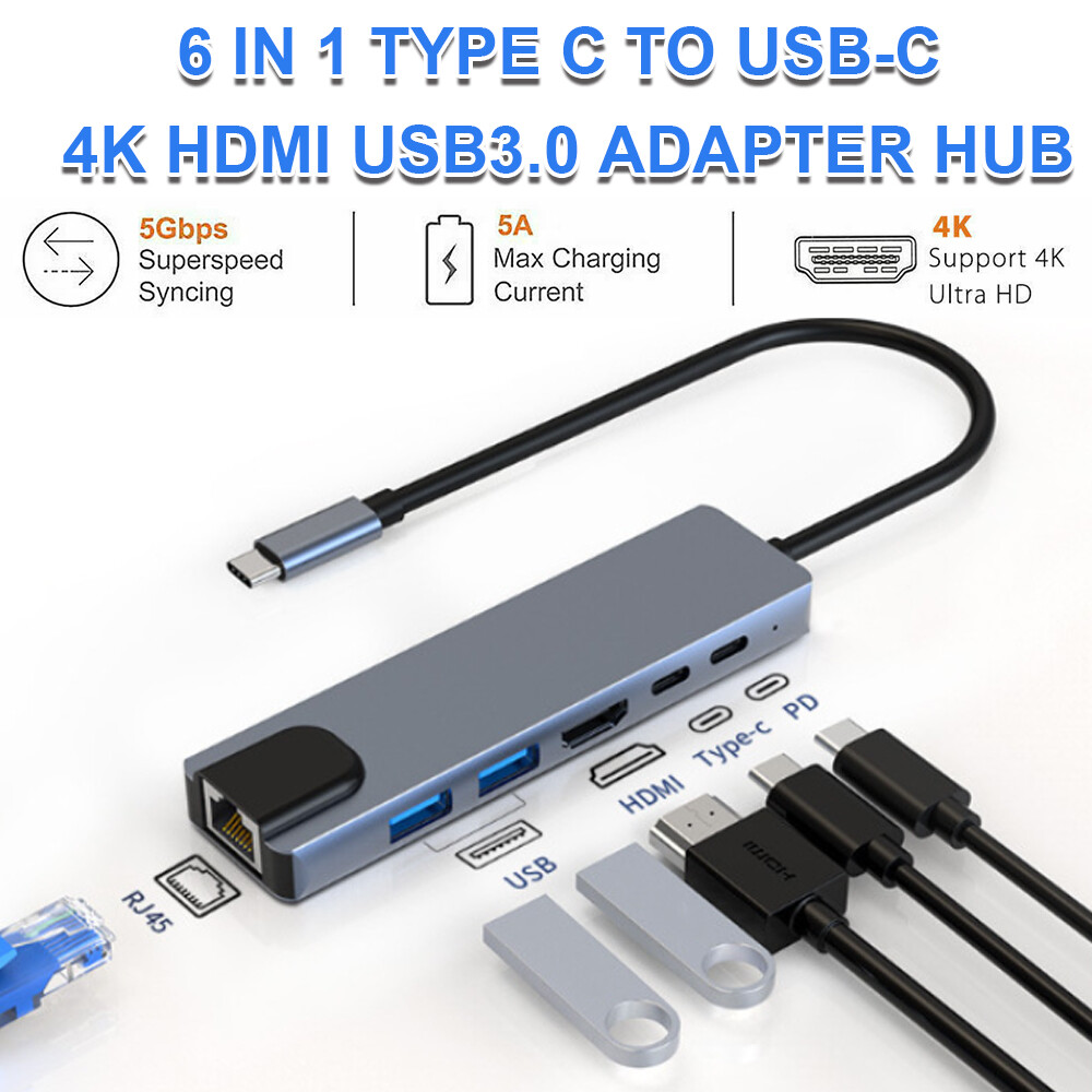 6 in 1 USB C HUB Type-C Multi USB Port 4K HDMI Adapter Dock RJ45 Ethernet USB-C