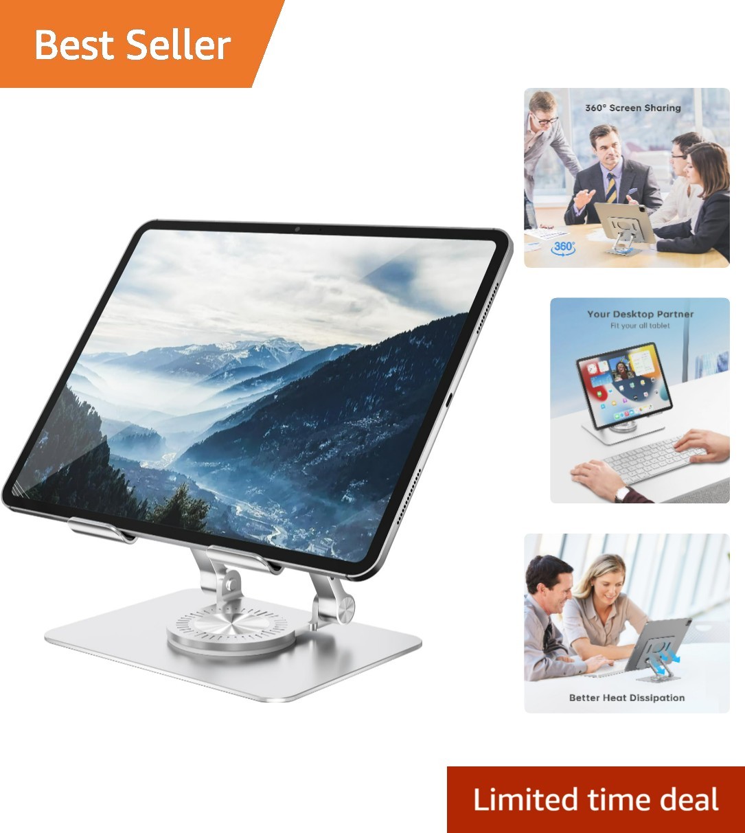 Hands-Free Adjustable Tablet Holder with 360° Rotation – Silver Aluminum Design