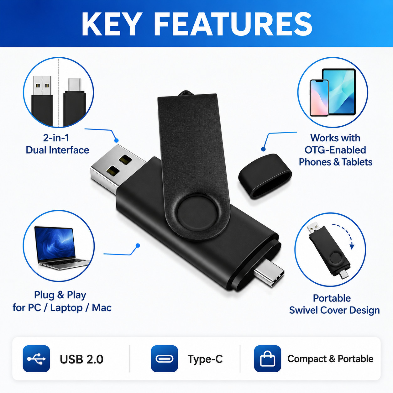 256GB USB 2.0 USB-A & USB-C Flash Drive Dual Connector Portable