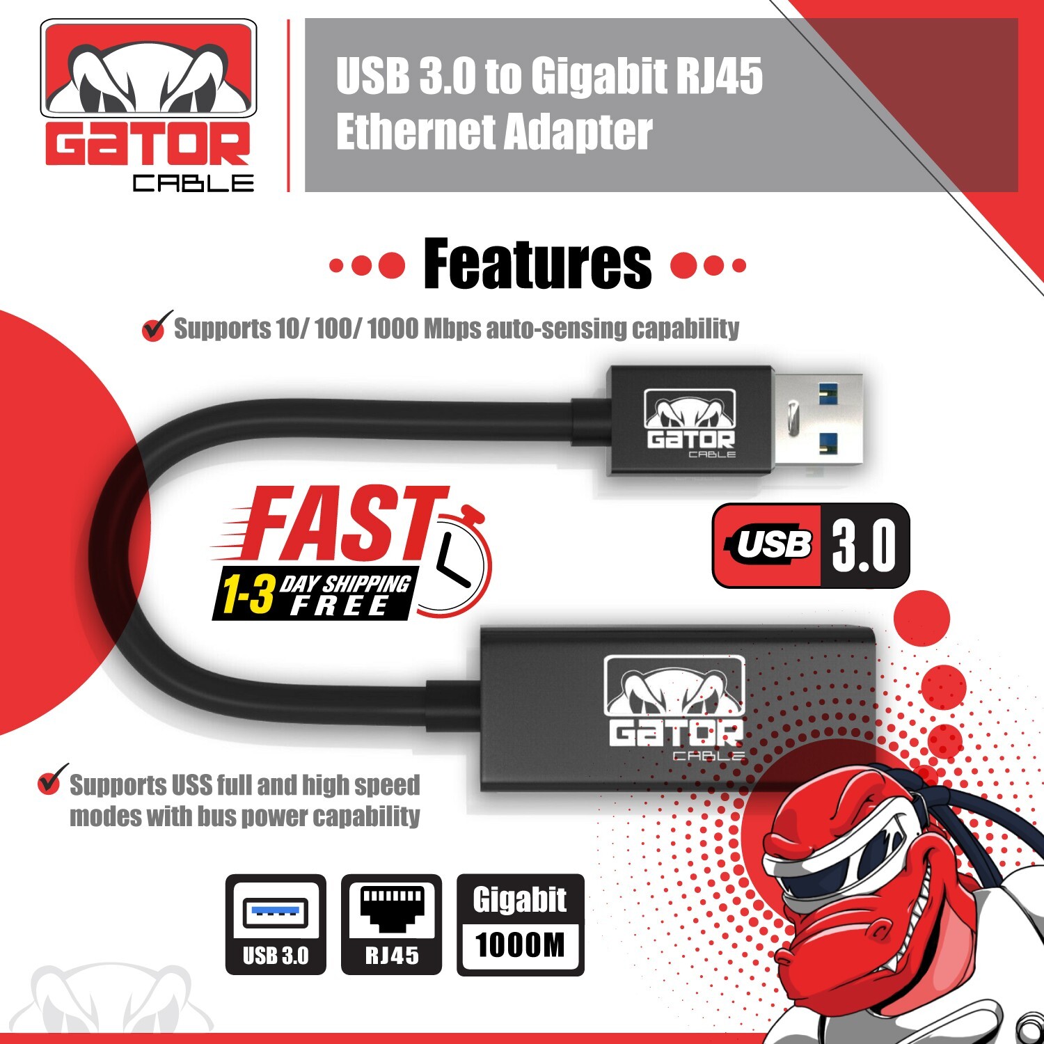 USB 3.0 Gigabit Ethernet LAN RJ45 1000Mbps Network Adapter 3-USB Port HUB PC Mac