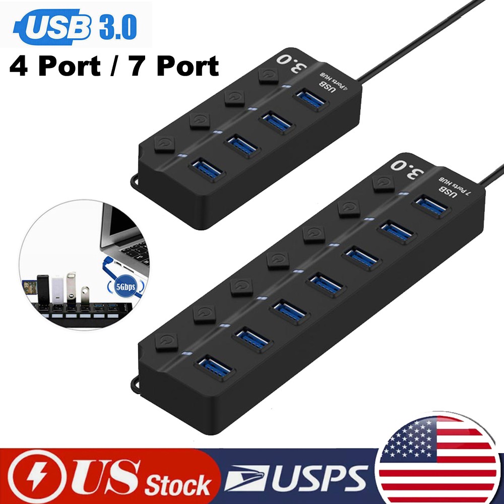 2Pack USB Hub 7/4 Port On/Off Switch High Speed Splitter Cable Desktop Laptop