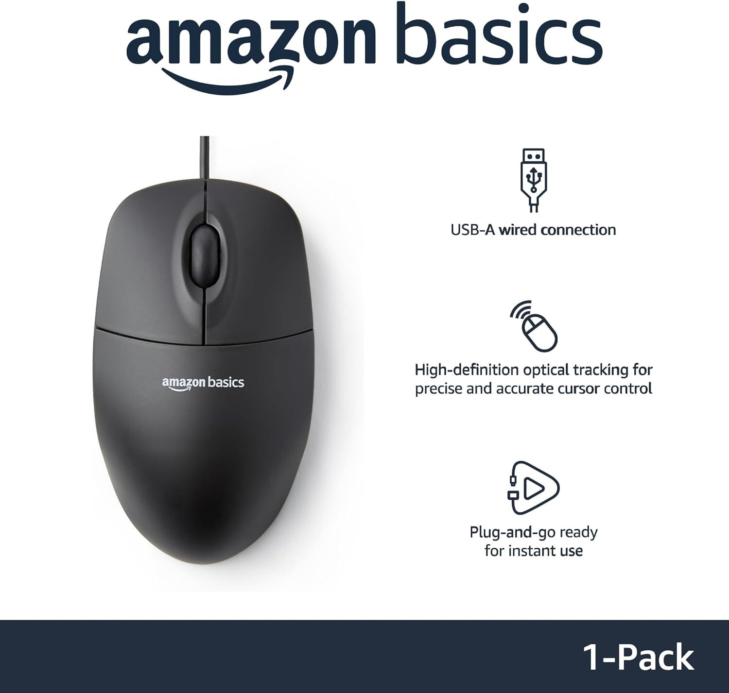 Amazon Basics 3-Button USB Wired Computer Mouse (Black), 1-Pack 
