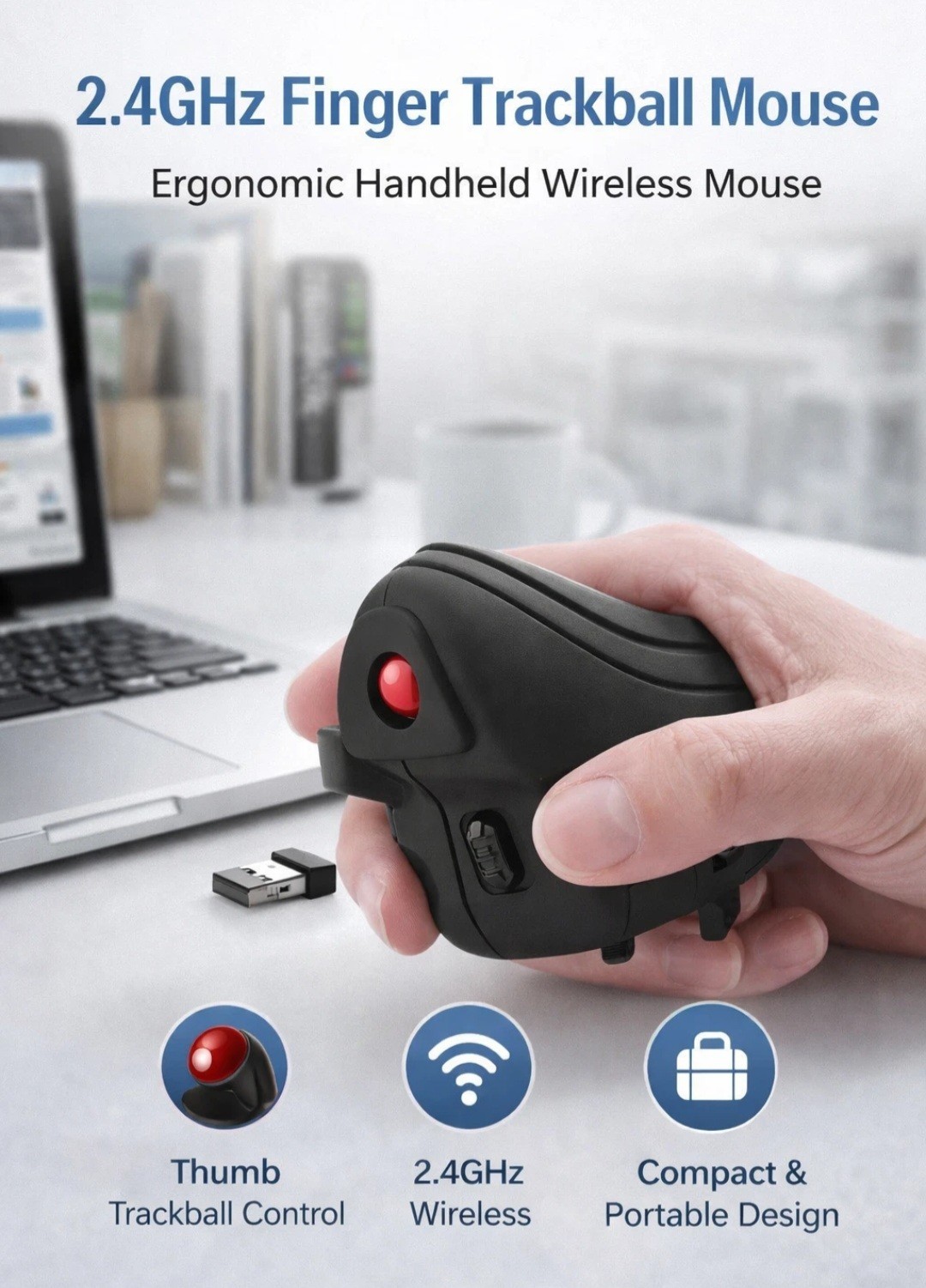 Finger Mouse, 2.4ghz Handheld Ergonomic Trackball Mouse easy to use