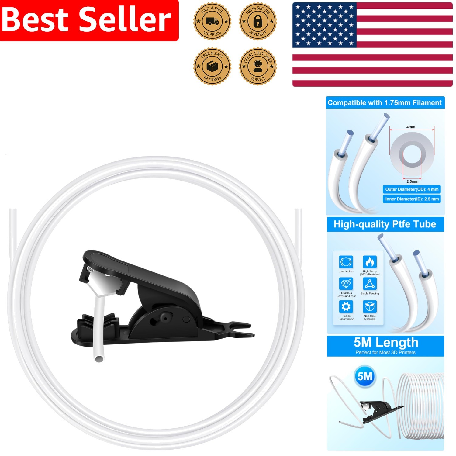 Durable 16.4ft PTFE Tubing for 1.75mm Filament – High Temp 260C Bowden Kit