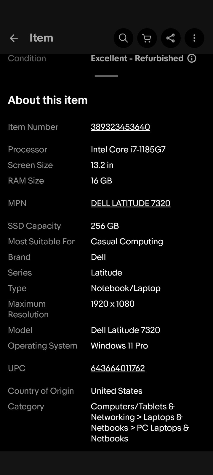 Newegg Bought Dell Latitude 7320 13.3″ i7-1185G7 16GB 256GB SSD Win11 Pro Laptop
