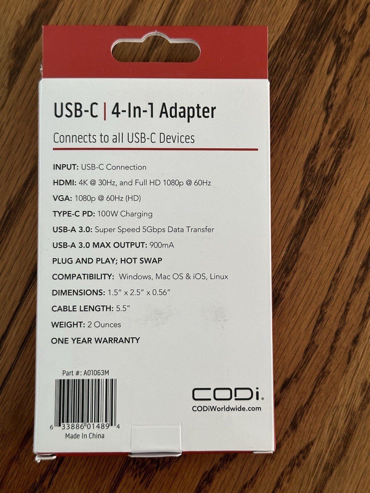 CODi 4-In-1 USB-C Display Adapter HDMI VGA, USB-C PD USB-A 3.0 A01063M Brand New