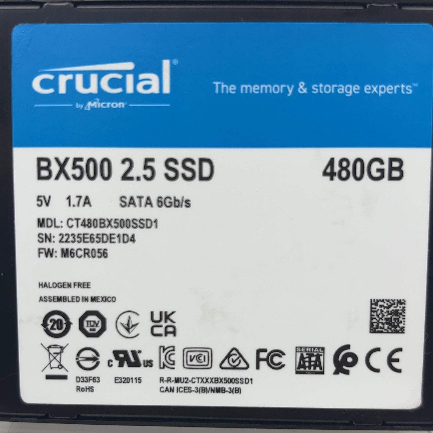 Crucial 2.5″ BX500 480GB Sata 6Gb/s SSD CT480BX500SSD1