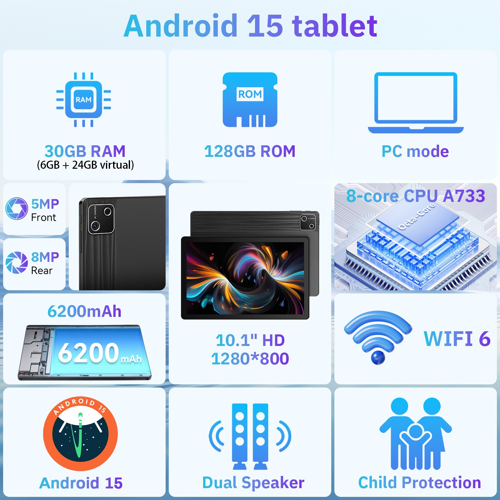 Urao Android 15 Tablet 10.1″ 30GB+128GB A733 Octa-Core 6200mAh Widevine L1 PC
