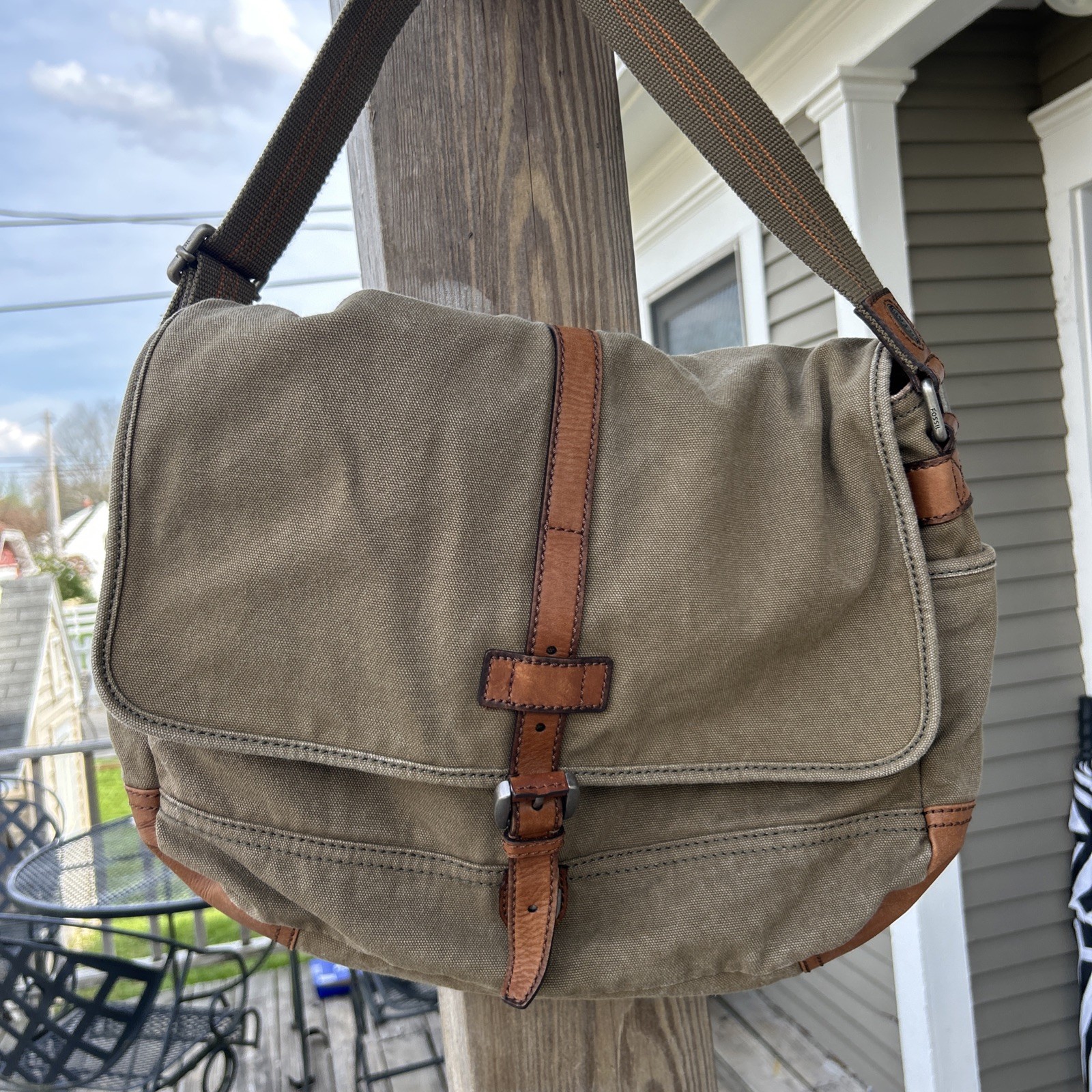 Vintage Fossil Canvas & Leather Messenger Bag Crossbody Laptop Computer Bag