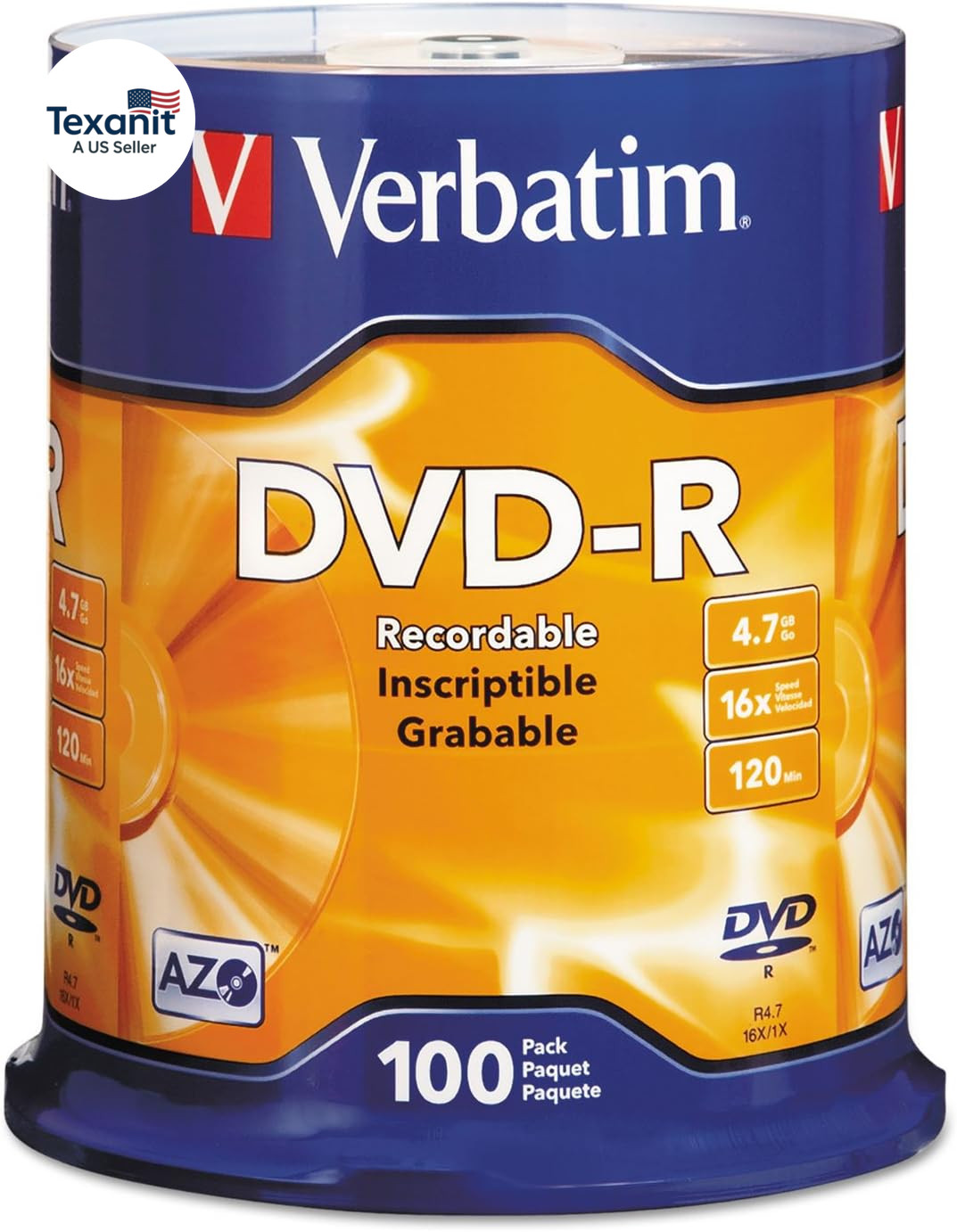 DVD-R Blank Discs AZO Dye 4.7GB 16X Recordable Disc – 100 Pack Spindle,Silver