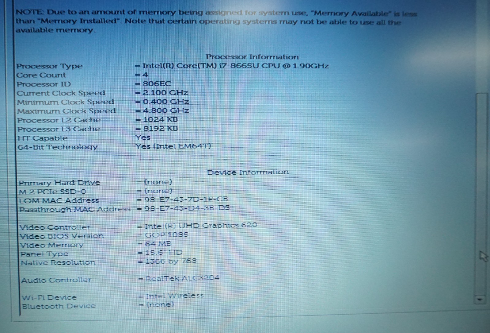 Dell Latitude 5500 Intel i7-8665U @1.90GHz 16GB RAM NO HD/ NO OS