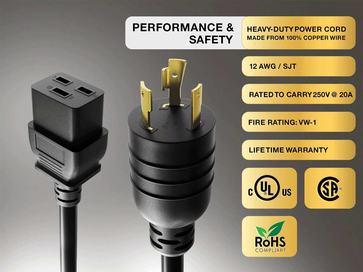 15ft NEMA L6-20P to C19 Heavy-Duty Locking Power Cord 12 AWG 20A/250V SJT Hig…