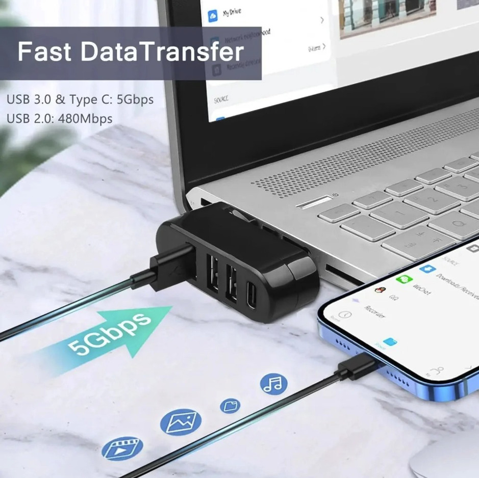 1 pcs USB 3.0/2.0 Hub 4-Port: Rotatable Type-C High Speed Data Splitter Adapter