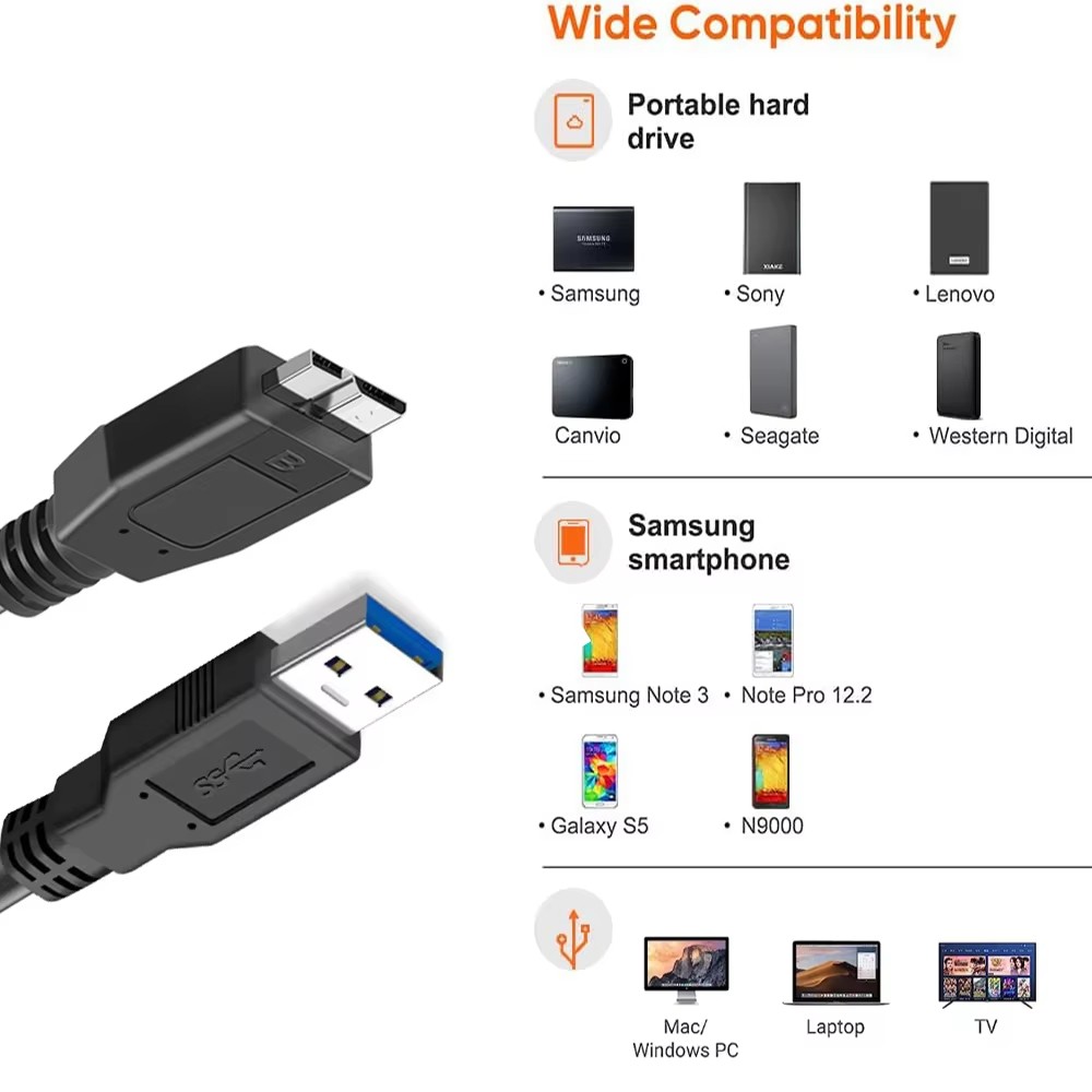 USB 3.0 to Micro-B DataCable 0.45M USB Hard Drive Cord for Hitachi Lacie Seagate
