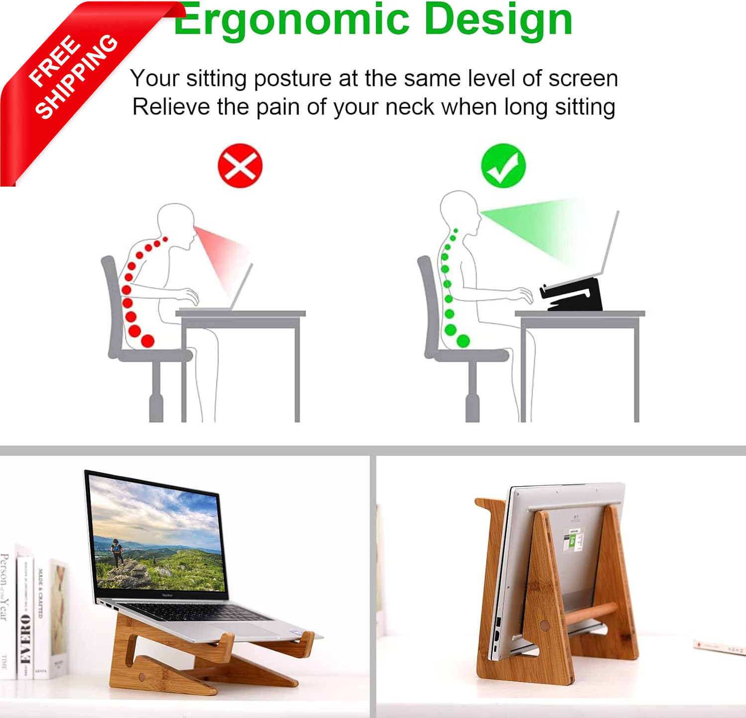 Wooden Vertical Laptop Stand for Desk, Bamboo Laptop Holder Compatible with Macb