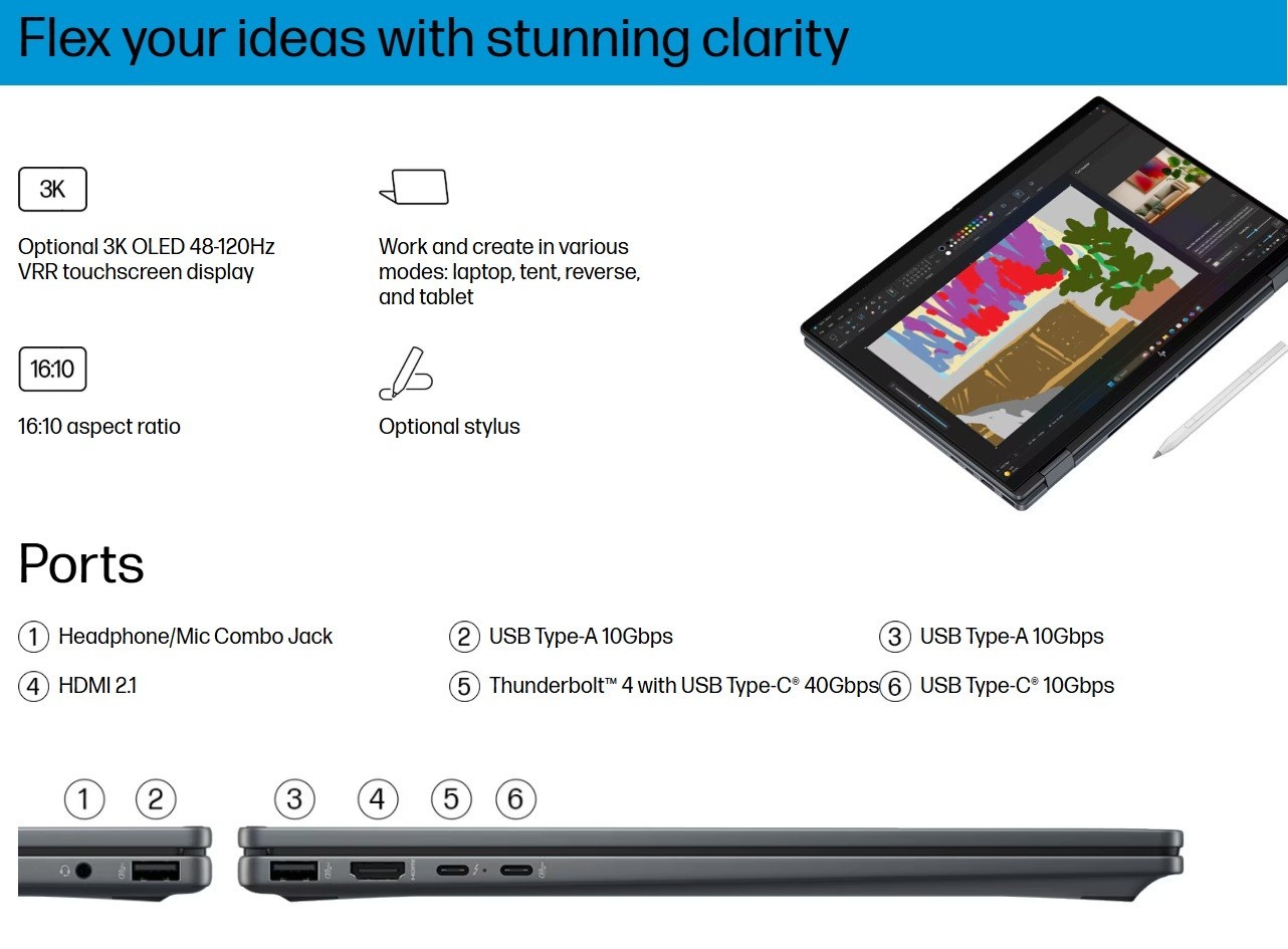HP OmniBook X Flip 2-in-1 16t-as000 Laptop PC 16″ U7 258V 16GB 1TB SSD Backlit K
