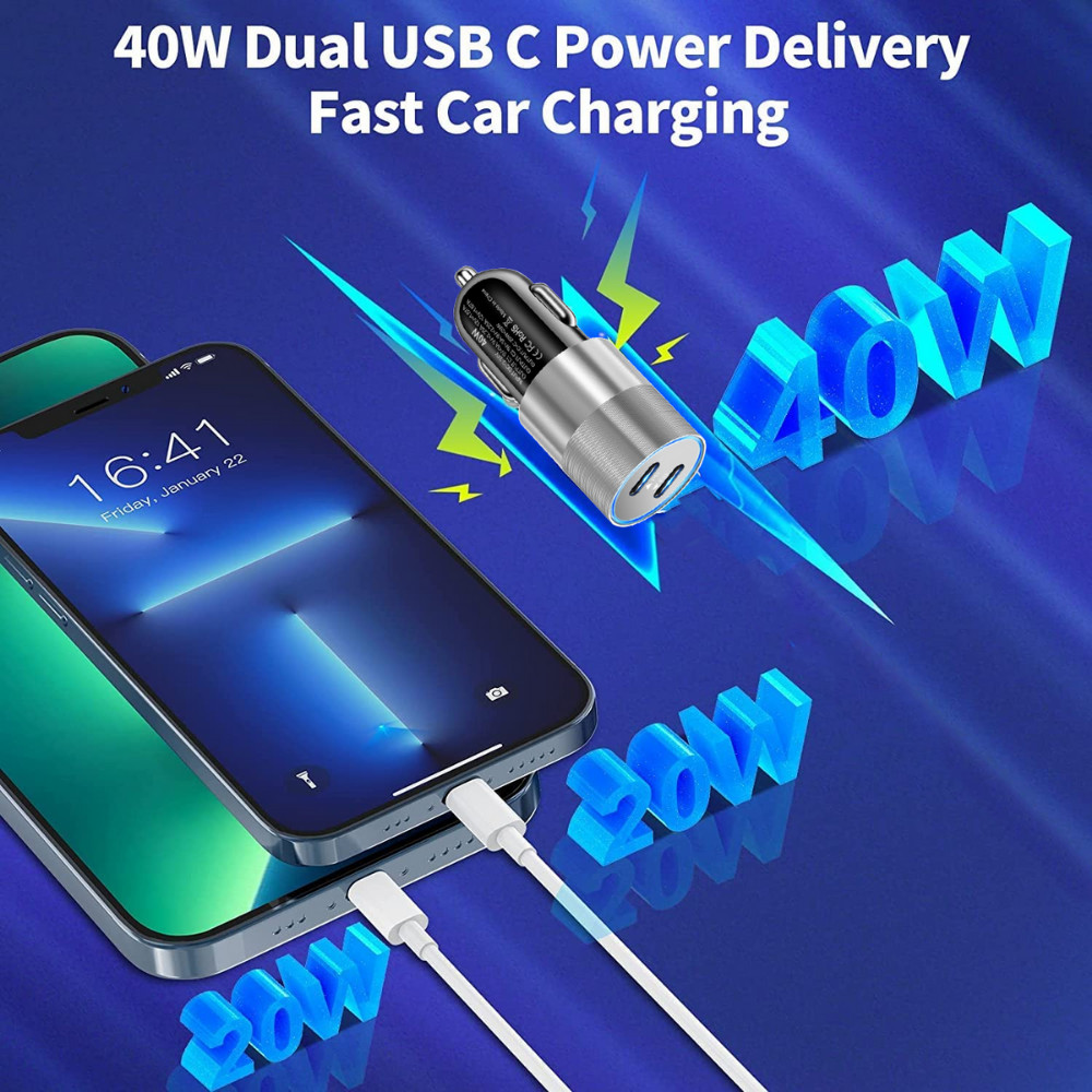New USB-C Fast Car Charger For iPhone 15 14 13 12 11 Pro Max Samsung 40W Adapter