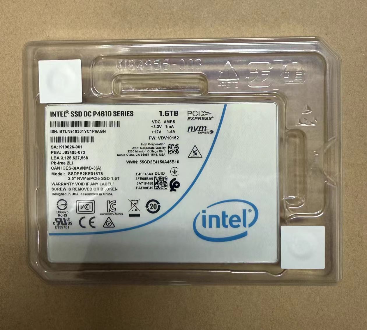 INTEL 1.6TB SSD U.2 P4610 Solid State Drive SSDPE2KE016T8 NVME VDV10140 VDC AMPS