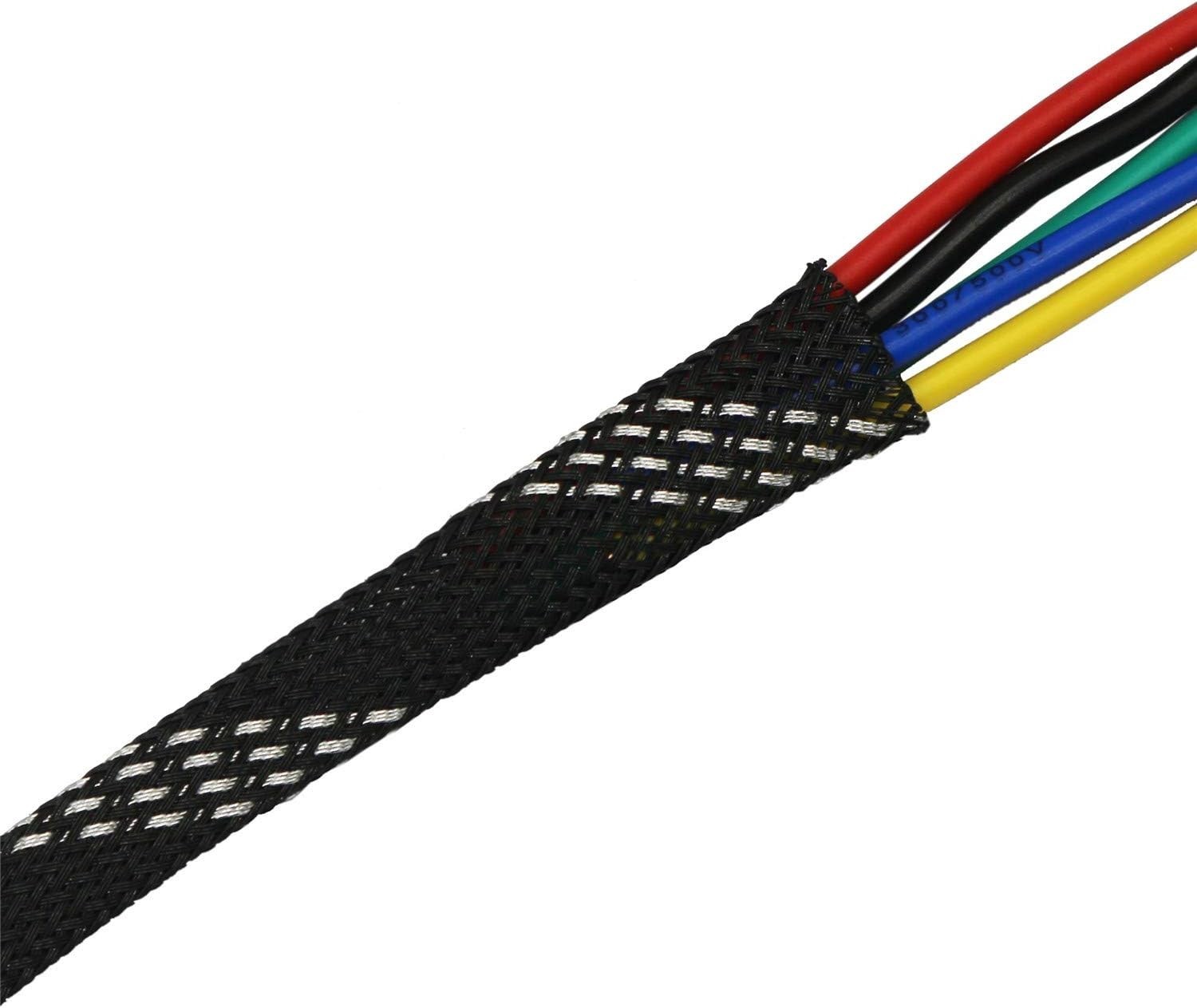 30ft PET Expandable Sleeving Wire Cable Sleeve 2/5″, Silver&Black