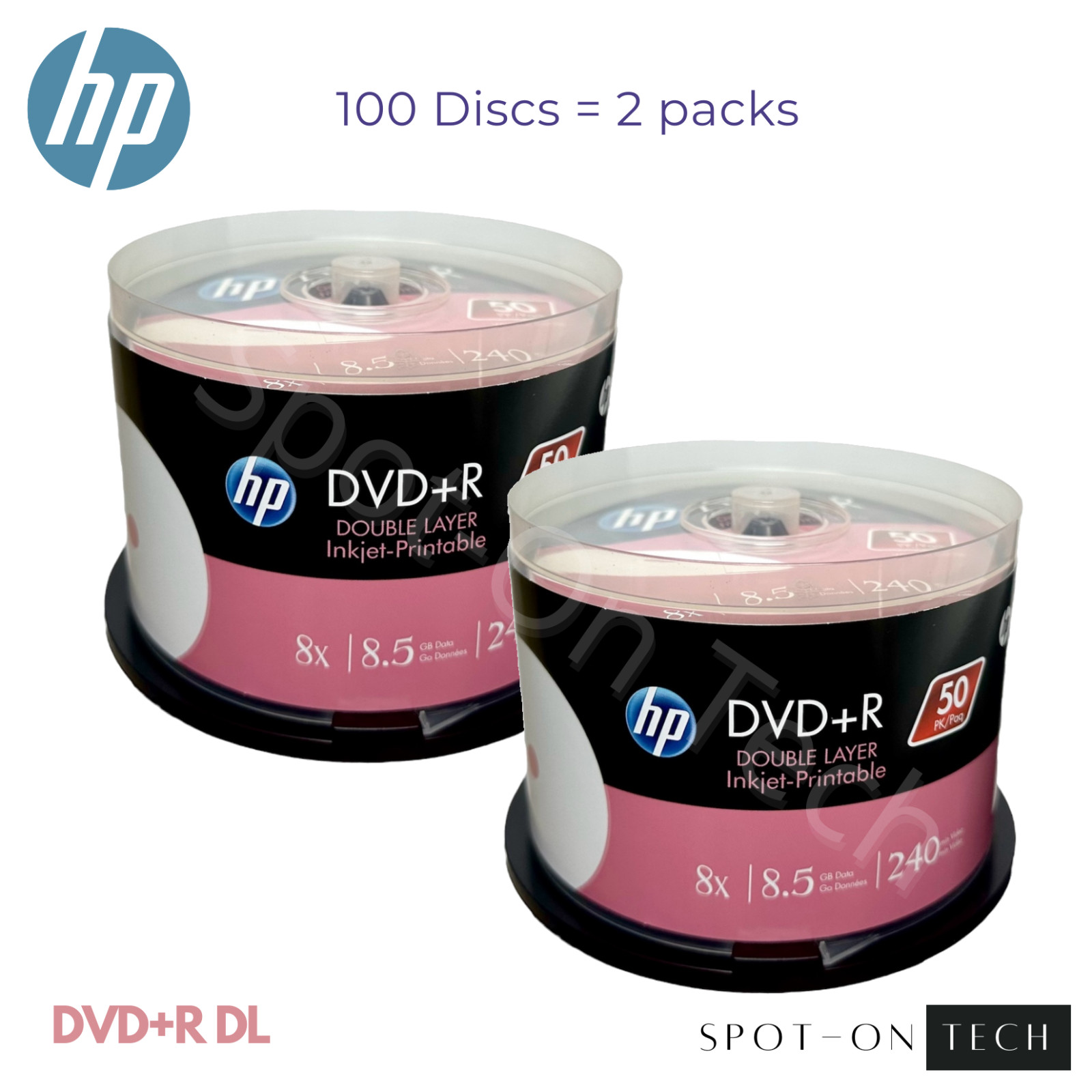 100 HP DVD DVD+R DL 8x Dual Double Layer White Inkjet 8.5GB 240Min Original Pack