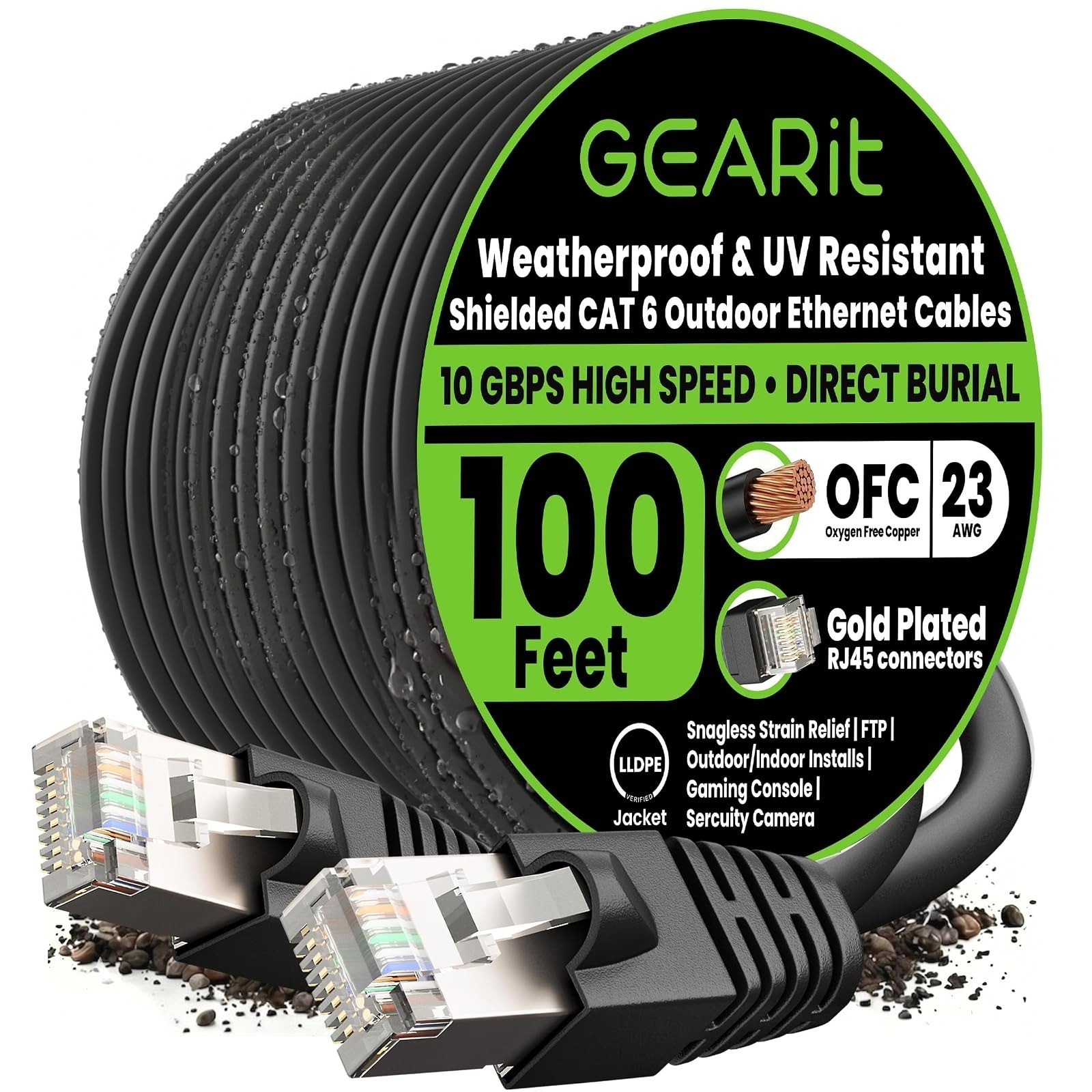 GEARit Cat6 Outdoor Ethernet Cable 100ft 23AWG Waterproof UV Resistant