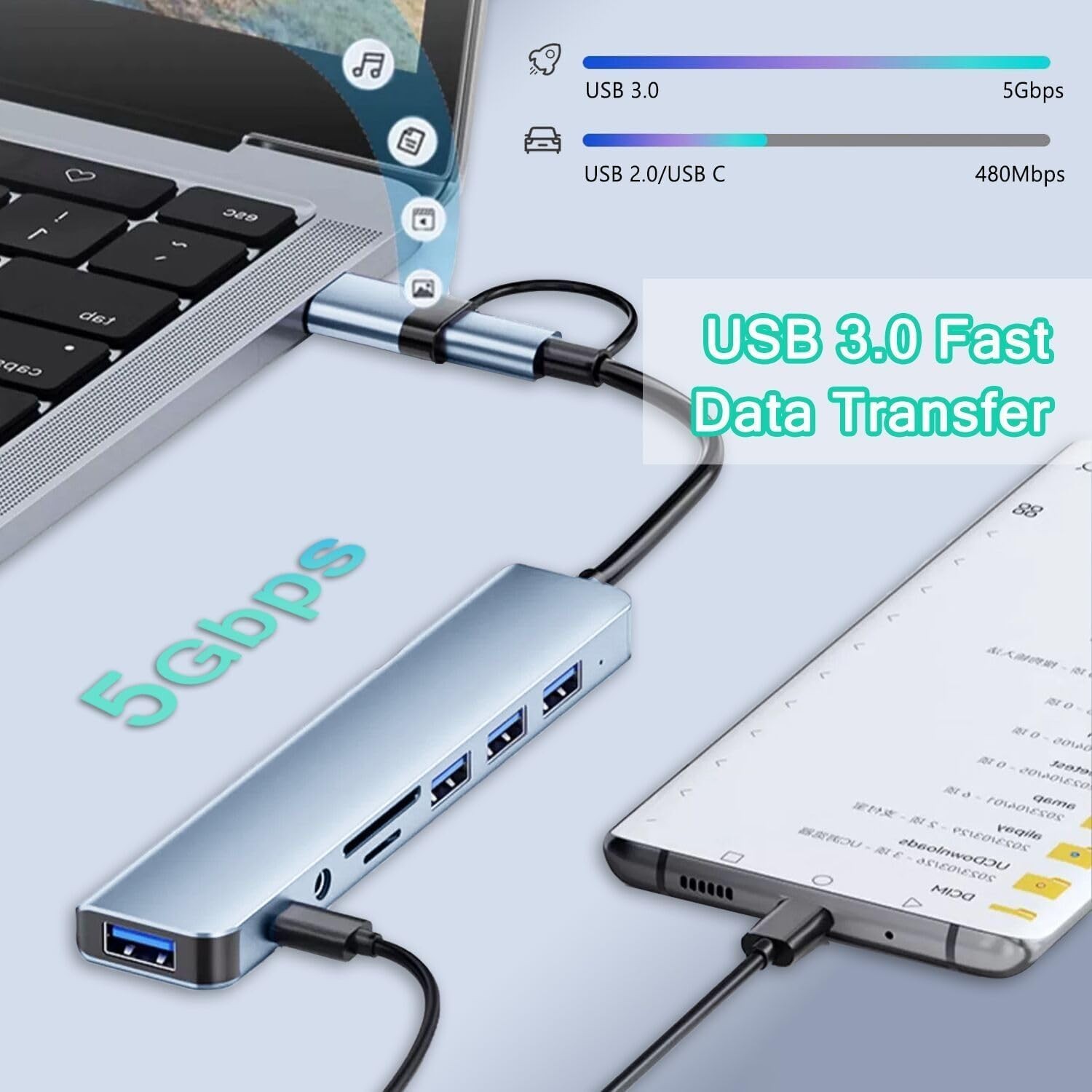 8-in-1 USB Hub: Aluminum Extension with SD Reader & 5Gbps Data Transfer, Silver