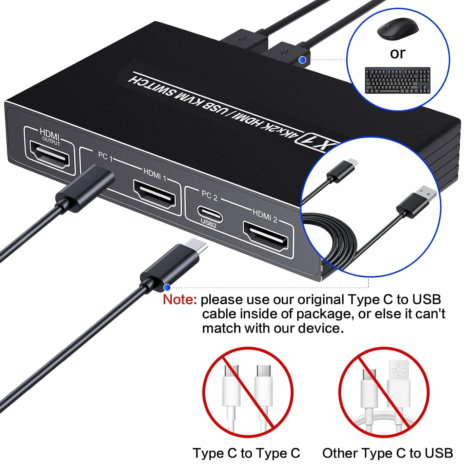 HDMI KVM Switch 1 Monitor 2 Computers, 4K60Hz Plug and Play KVM Switch with 2-Wa