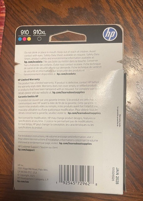 4 PACK HP GENUINE 910XL BLACK & 910 COLOR INK BRAND NEW EXP 2028