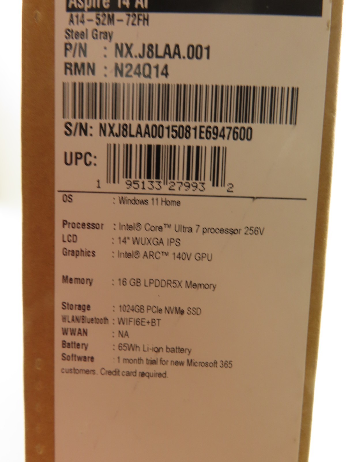 Acer Aspire 14 AI A14-52M-72FH 14″ Ultra 7 256V 16GB RAM 1TB SSD ARC 140V NEW