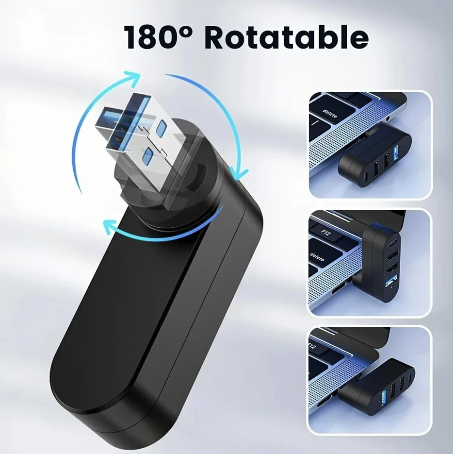 1 pcs USB 3.0/2.0 Hub 4-Port: Rotatable Type-C High Speed Data Splitter Adapter