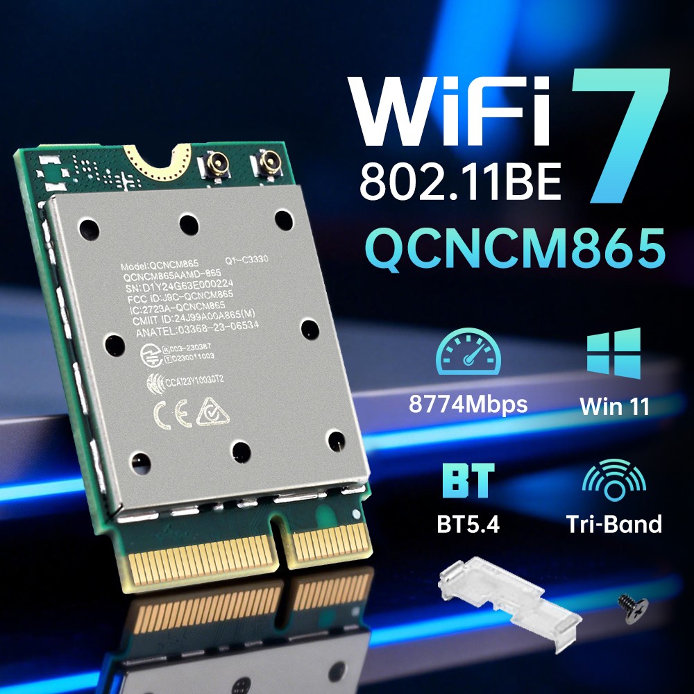 WiFi7 QCNCM865 M.2 Wireless Card Tri-Band 5.8Gbps BT5.3 802.11ax Network Adapter