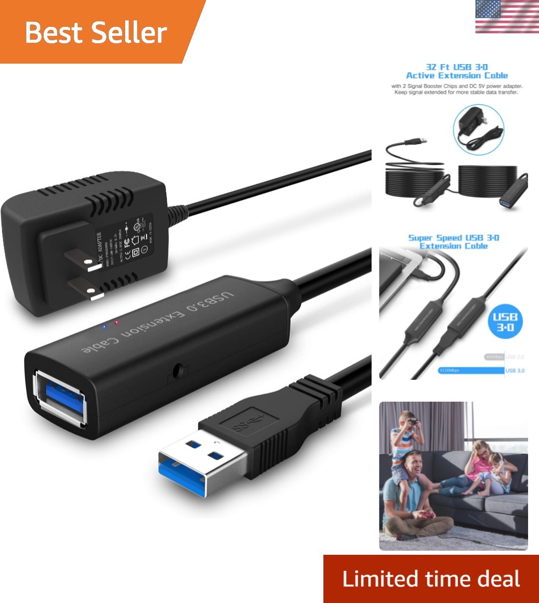 32ft USB 3.0 Active Extension Cable with Power Adapter – Fast Data Transfer!