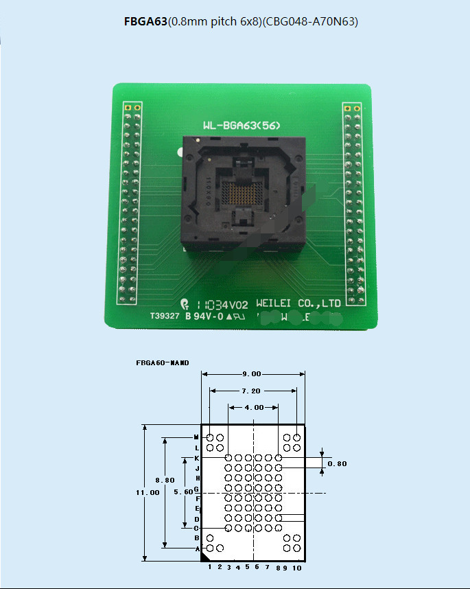 WL-FBGA63-E136-12 0.8mm pitch 6×8 Socket Adapter For Wellon