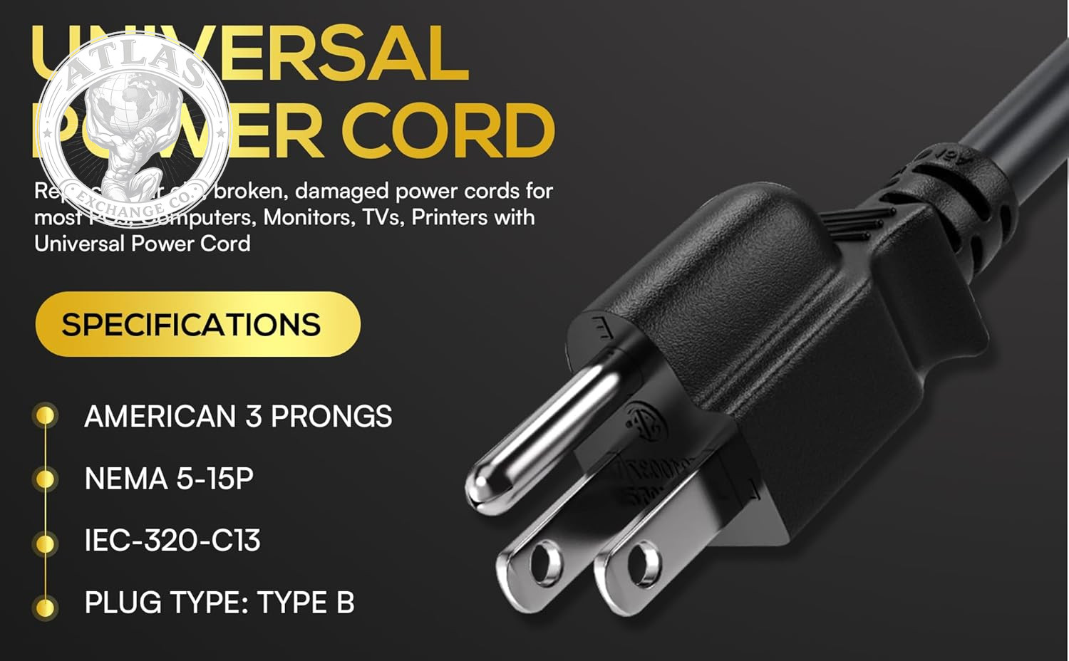 Cable Leader 3Ft 14AWG Computer Power Cord, NEMA 5-15P to IEC C13 AC Power Cable