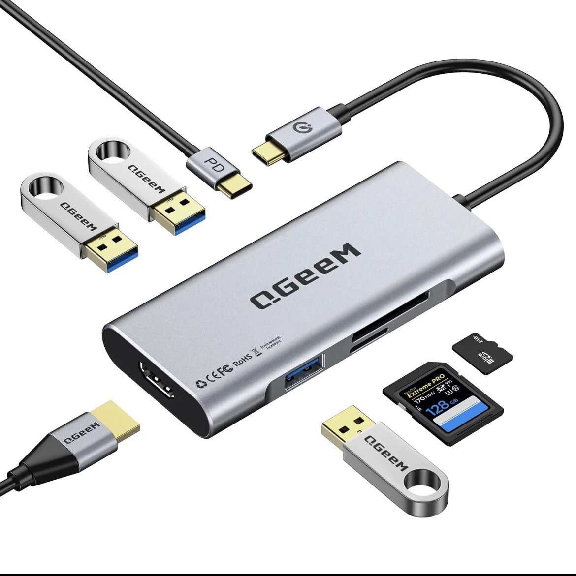 USB C Hub, QGeeM USB C to HDMI Adapter 4k, 7 in 1 USB C Dongle with 100W Powe…