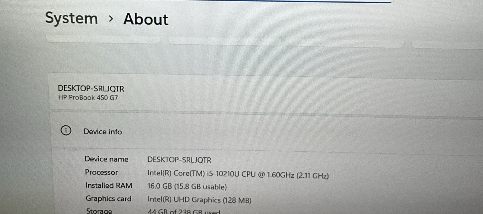 HP ProBook 450 G7 i5-10210U 1.60GHZ 16GB DDR4 256GB SSD Win11P