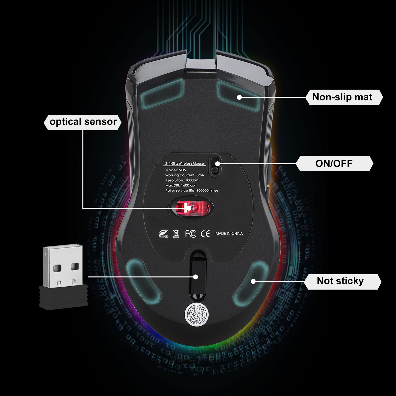 Gaming Mouse Wireless USB Rechargeable 7 Color LED Backlight Optical Mice for PC
