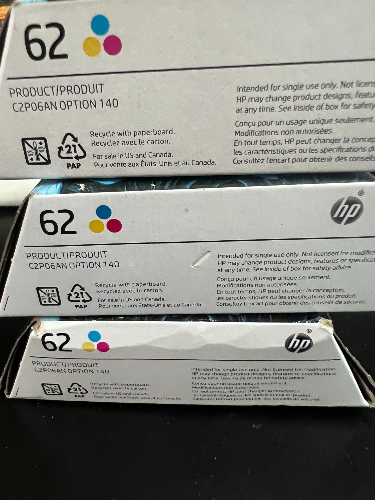 3 Hewlett Packard C2P06AN Genuine OEM HP62 Tri-Color Ink Toner Cartridges 2296/3