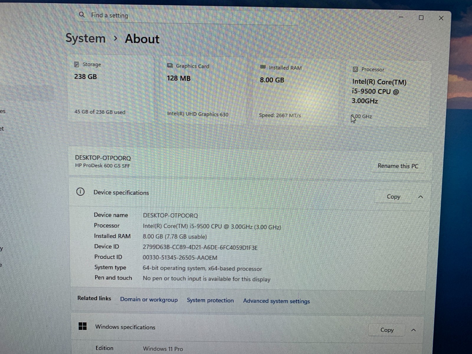HP ProDesk 600 G5 SFF Desktop PC, Intel i5-9500 3GHz, 8GB RAM, 256GB SSD, W11P