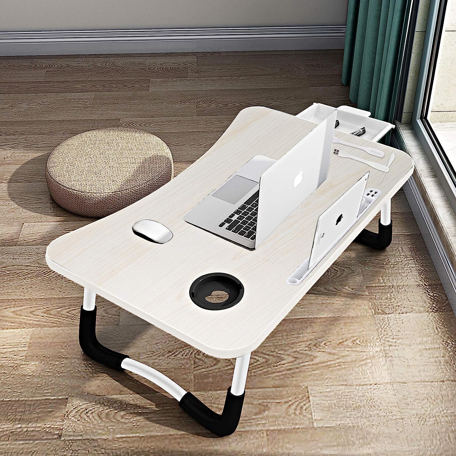 Laptop Bed Desk, Foldable Laptop Lap Desk Tray Table with USB Charge Port, White